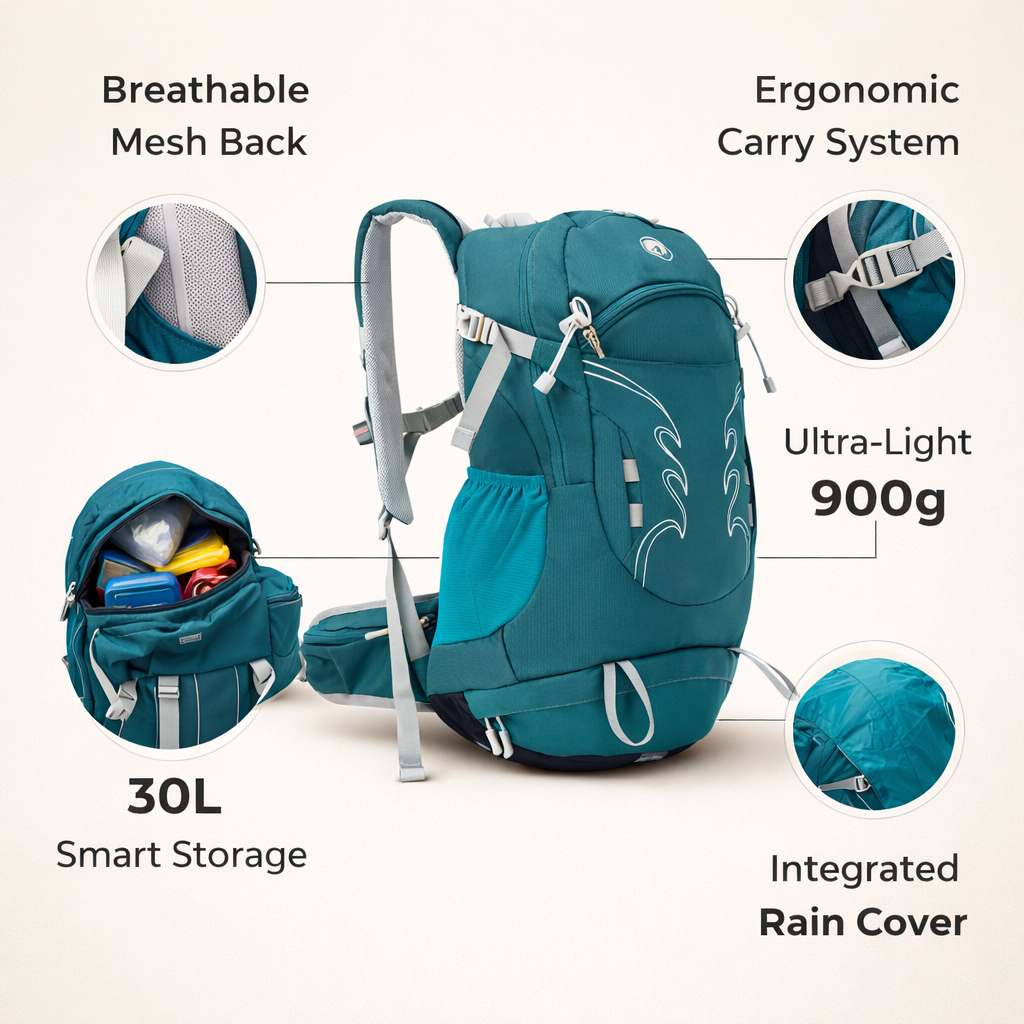 AeroTrail – Hiking Rucksack 30L | Breathable Ergonomic Back System with Rain Cover | Day Hiking Pack for Men & Women